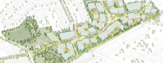 Entwurf (Vorgelperspektive) für das neue Quartier an der Pfettenstraße in Landsberg am Lech Entwurf (Vorgelperspektive) für das neue Quartier an der Pfettenstraße in Landsberg am Lech