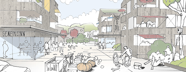 Die Skizze zeigt einen Platz zwischen neuen Holzhäusern mit Fußgängern und Radfahrern. Die Skizze zeigt einen Platz zwischen neuen Holzhäusern mit Fußgängern und Radfahrern.