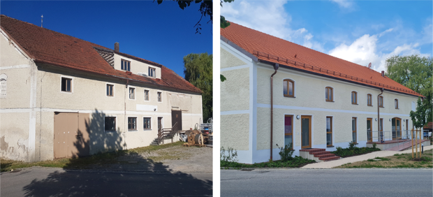 Zwei Bilder nebeneinander: auf dem linken Bild ist der ehemalige Pfarrstadl in Lohkirchen vor der Sanierung und auf dem rechten Bild nach Abschluss der Sanierung zu sehen.