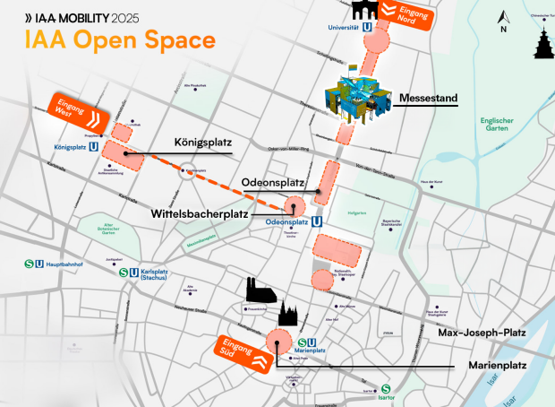 Eine Übersichtskarte der IAA Open Space mti eingezeichnetem Messestand in der Nähe der Ubahn Universität in München Eine Übersichtskarte der IAA Open Space mti eingezeichnetem Messestand in der Nähe der Ubahn Universität in München
