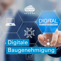 Ein Finger zeigt auf ein als Hologramm dargestelltes Konzept der Digitalisierung von Geschäftsprozessen und moderner Technologie. Text im Bild: Digitaler Bauantrag