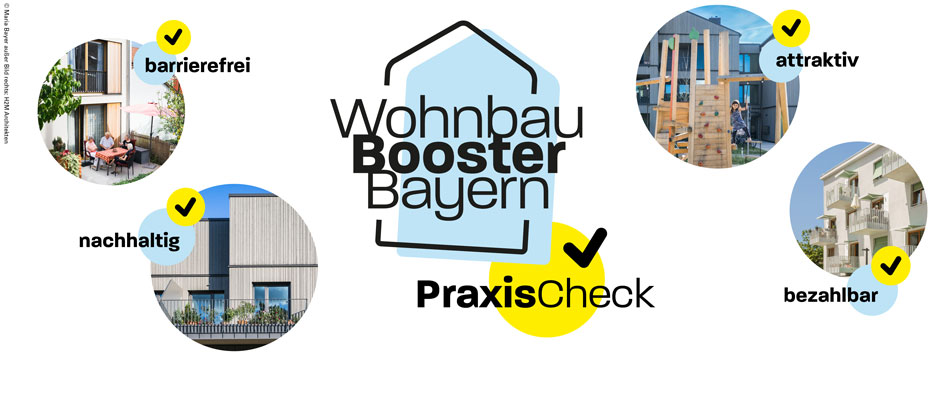 Logo Wohnbaubooster Praxischeck. In vier Kreisen sind Bilder mit Ausschnitten aus Praxisbeispielen dargestellt mit den Attributen barrierefrei, nachhaltig, attraktiv, bezahlbar. Link zur Unterseite PraxisCheck - © StMB